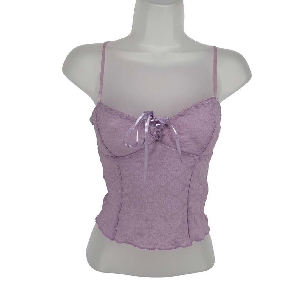 Edikted Babydoll Lace Up Corset Cami Top Purple Floral Lace Small Coquette Y2K‎